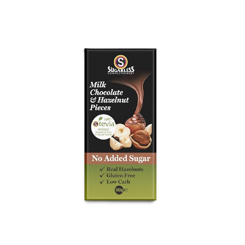 Sugarless Confectionery - Milk Chocolate & Hazelnut Pieces (100g) (12/carton)