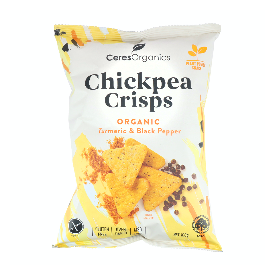 Ceres Organics - Turmeric And Black Pepper Chickpea Crisps (100g) - Front Side