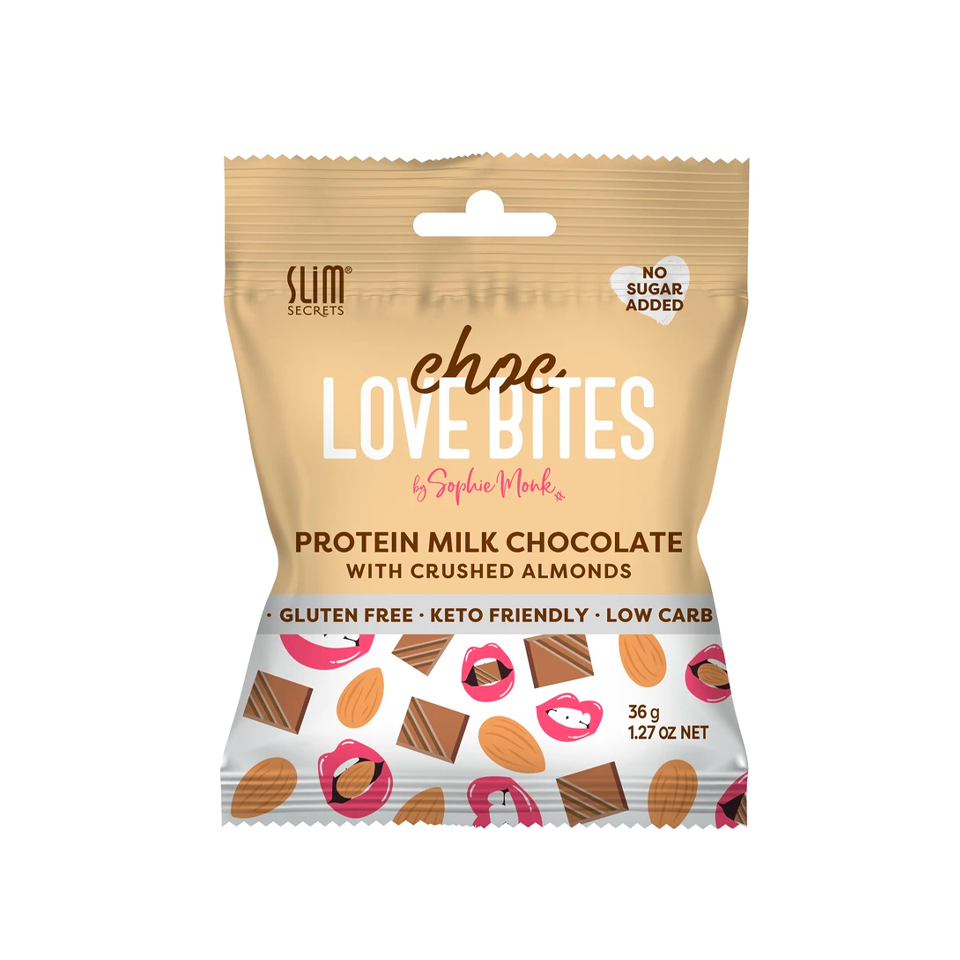 Slim Secrets - Choc Love Bites Protein Milk Chocolate With Crushed Almonds (36g) - Front Side