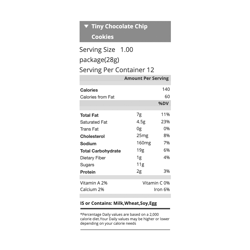 Tates - Tiny Chocolate Chip Cookies (28g) - Nutritional Information